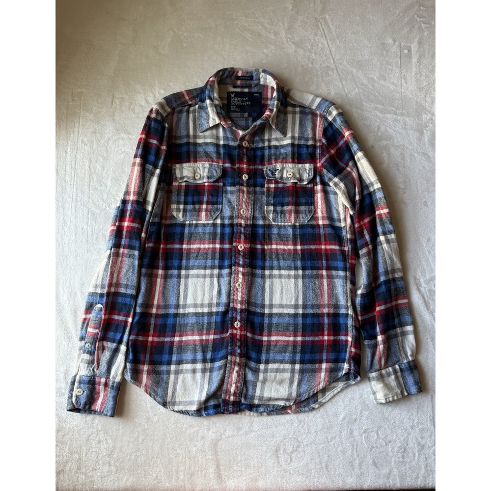 American Eagle Plaid Flannel Shirt Small Athletic Fit Red White Blue Fourth July